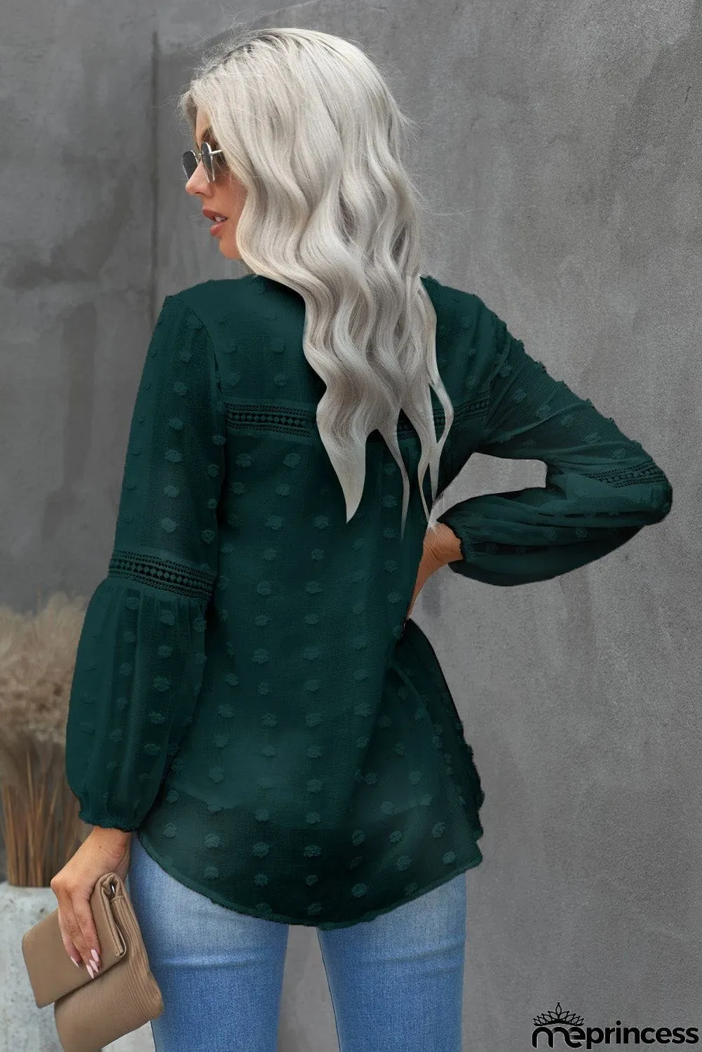 Ruffled Split Neck Lace Hollow Out Puff Sleeve Polka Dot Blouse