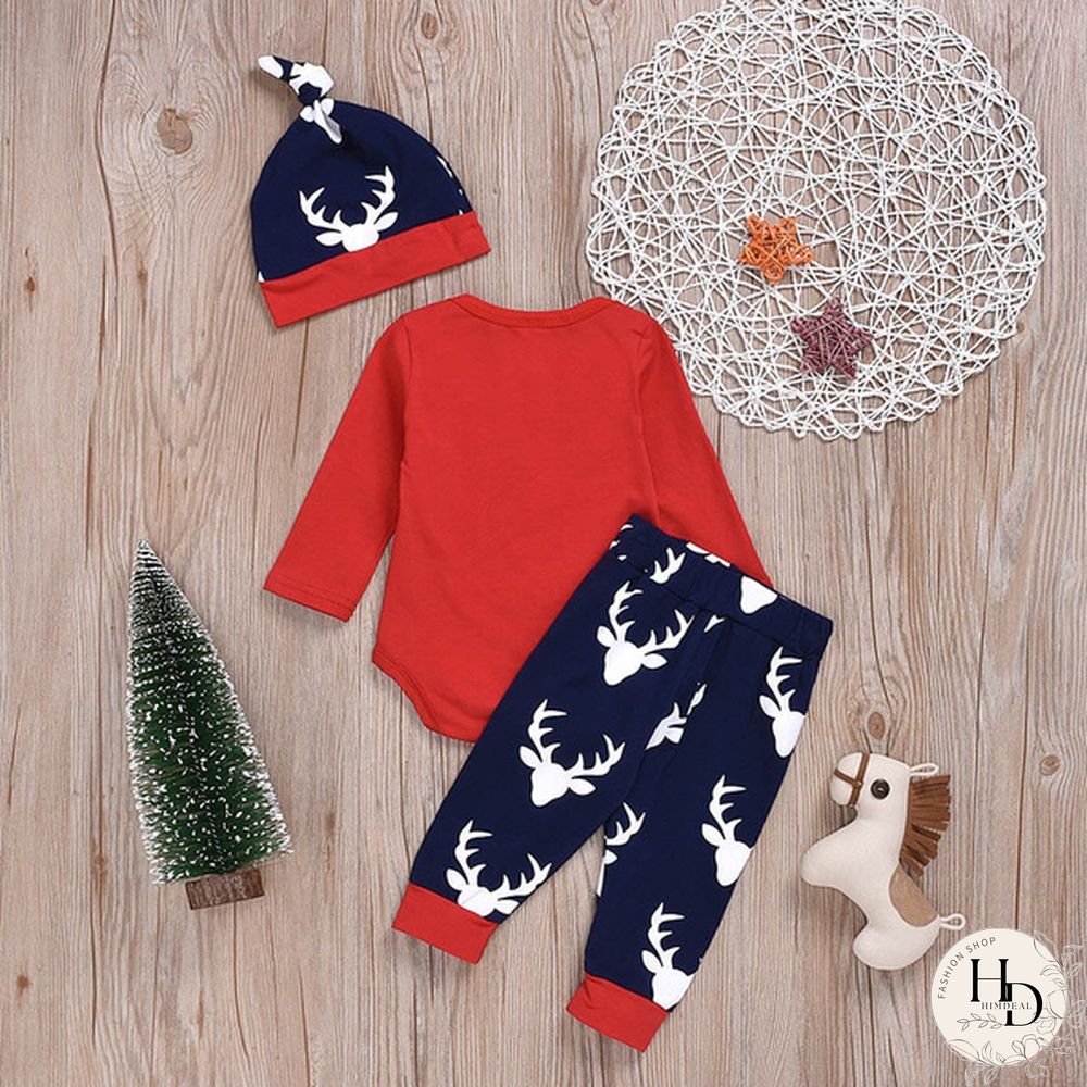 3pcs/set Newborn Infant Baby Christmas Letter Snowflake Print Romper Deer Pants With Cap Xmas Outfits