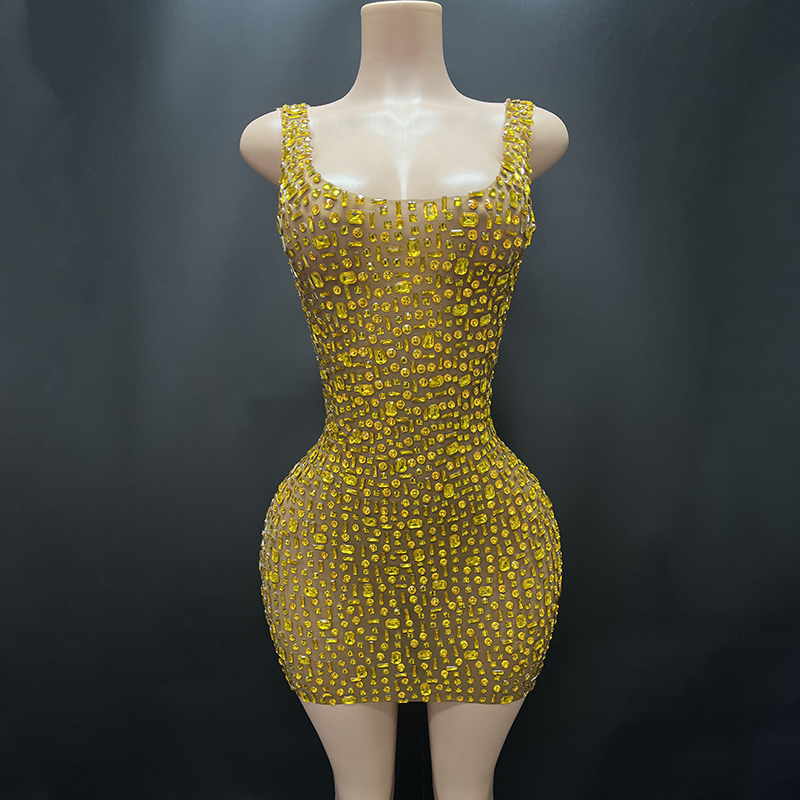 GOOSHOE Gold Mesh Cocktail Dresses Club Bodycon Women Clothing With Rhinestone