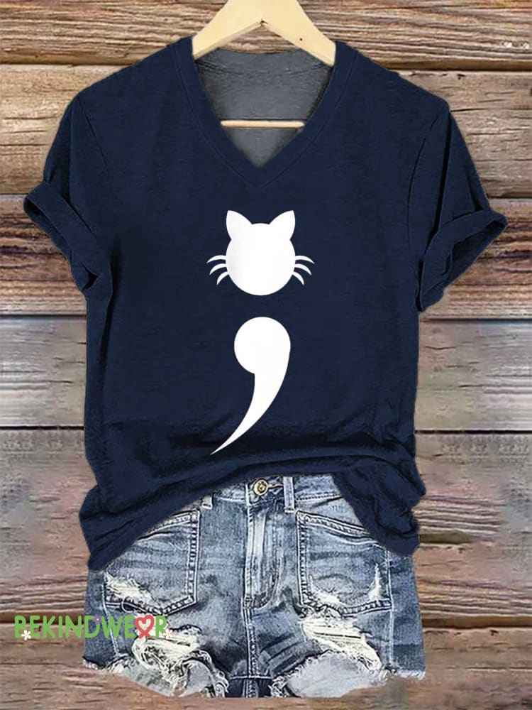 Women&rsquo;s Mental Health Awareness Cat V-neck Casual T-Shirt Blue / S