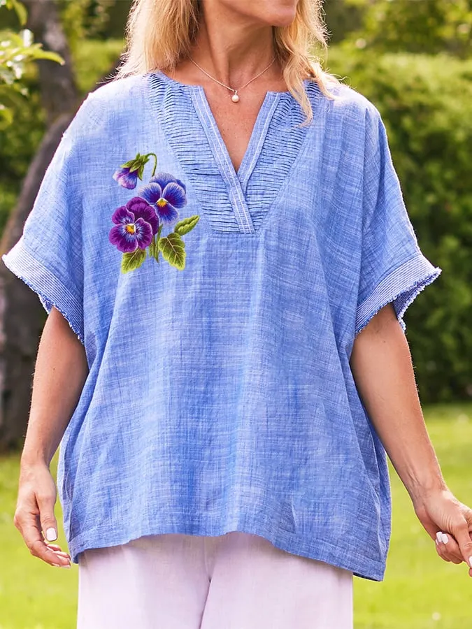 Women's Purple Floral Loose Long Sleeve V-Neck Top