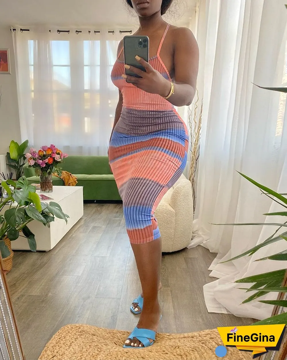 Tie Dye Print Colorblock Crisscross Backless Dress