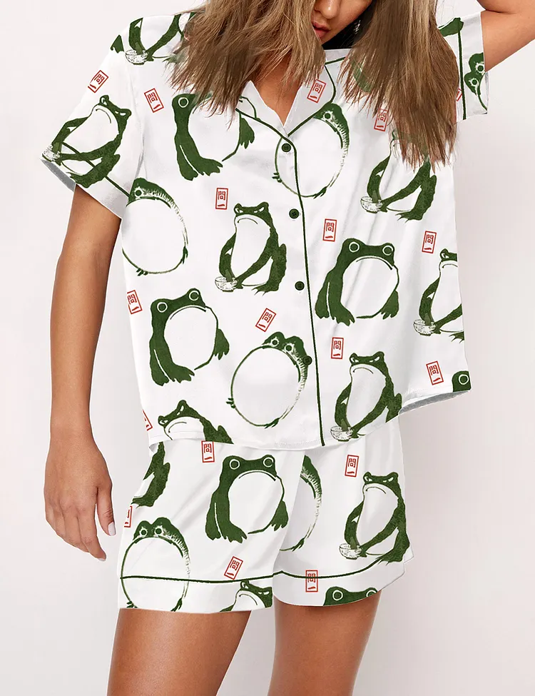Women's Japanese Matsumoto Frog And Toad Short Sleeve Satin Pajama Set