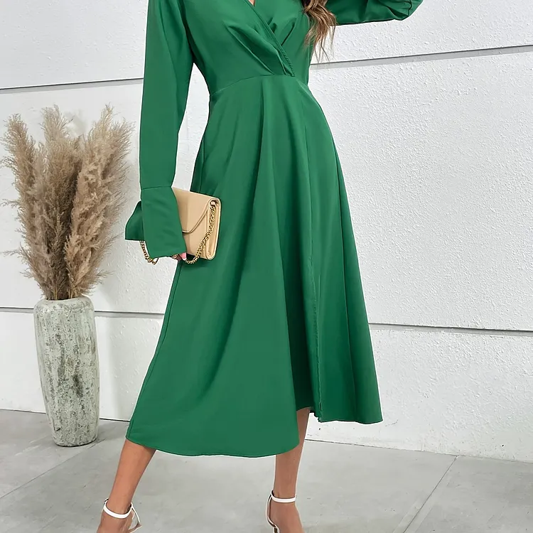 Solid Surplice Neck Dress, Elegant Long Sleeve Dress, Women's Clothing