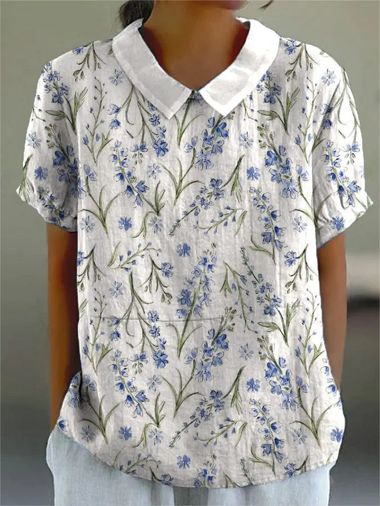 Women's Retro Floral Art Print Casual Cotton And Linen Shirt