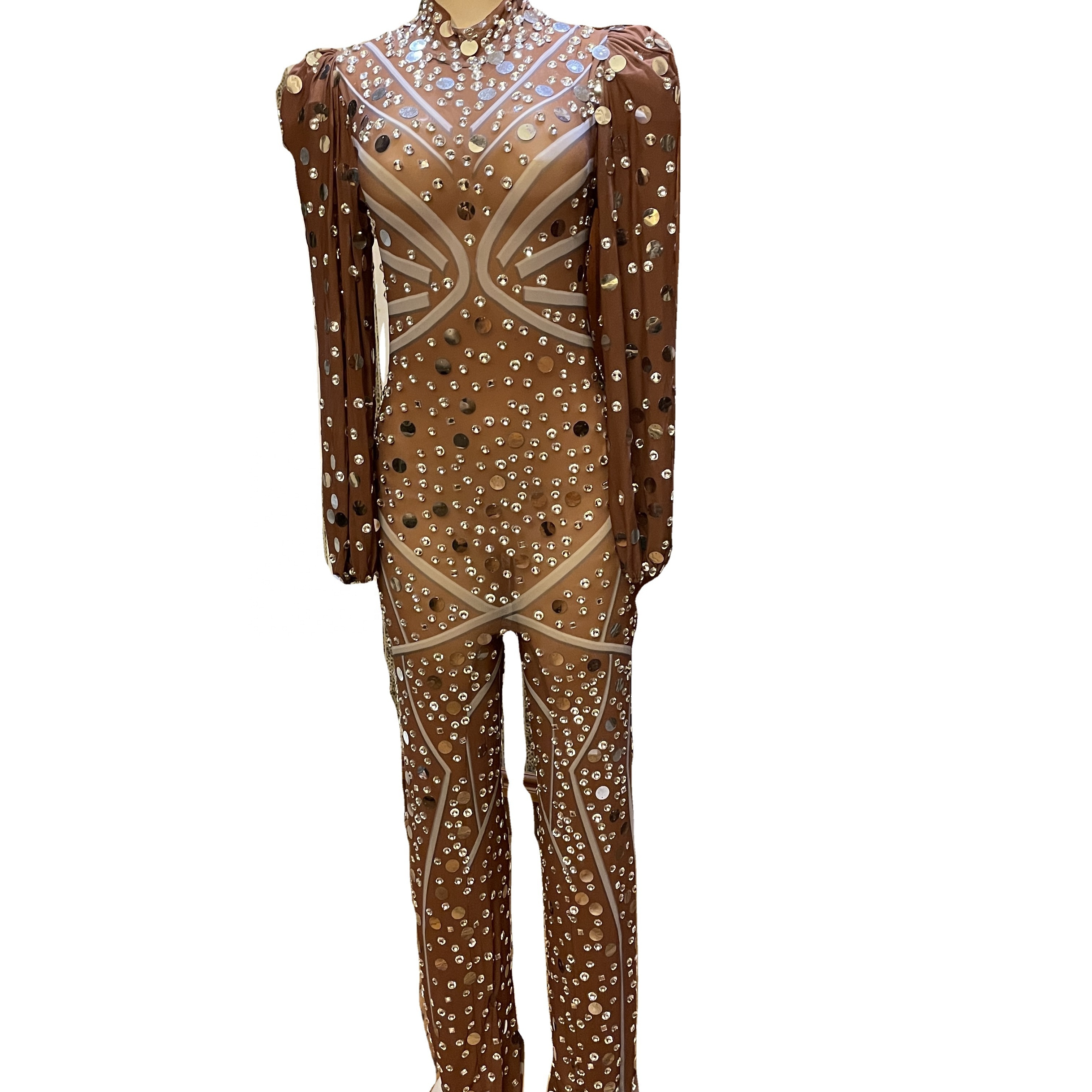GOOSHOE Bubble Long-sleeved Sequined Diamond One-piece Wide-leg Pants V-neck Backs