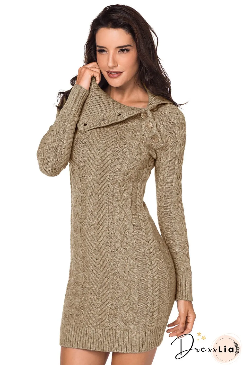 Long Sleeve Knitted Button Neck Sweater Mini Dress
