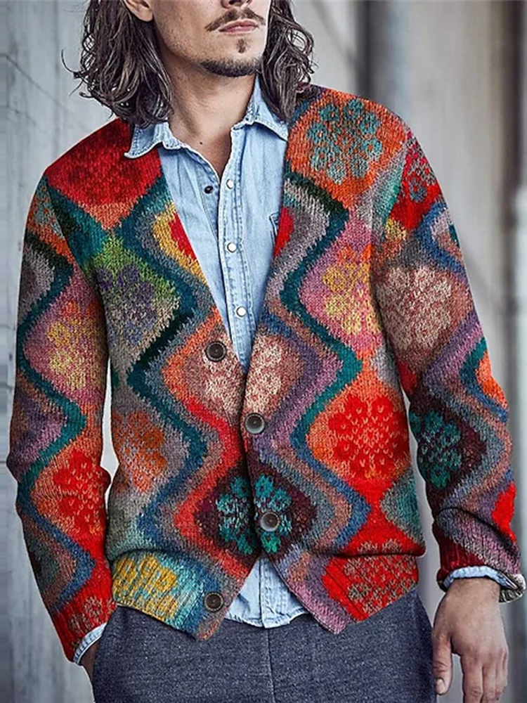 Color Block Stripe Colorful Retro Vintage Long Sleeved Knitted Cardigan