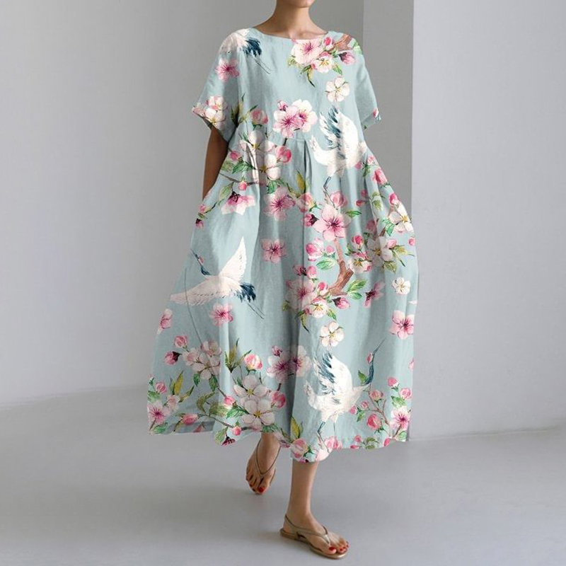 Crane Print Round Neck Short Sleeve Casual Midi Dress