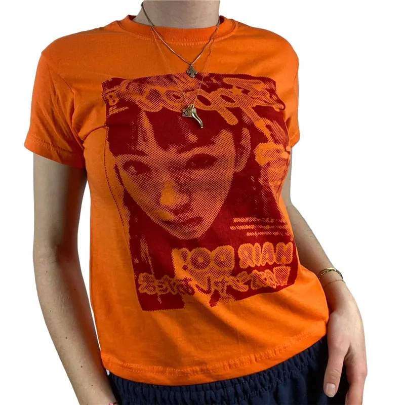Xingqing Y2K Summer Short Sleeve T-shirt Girls Creative Figure Printing Round Collar Tops Slim Base Shirt Harajuku Tee Top