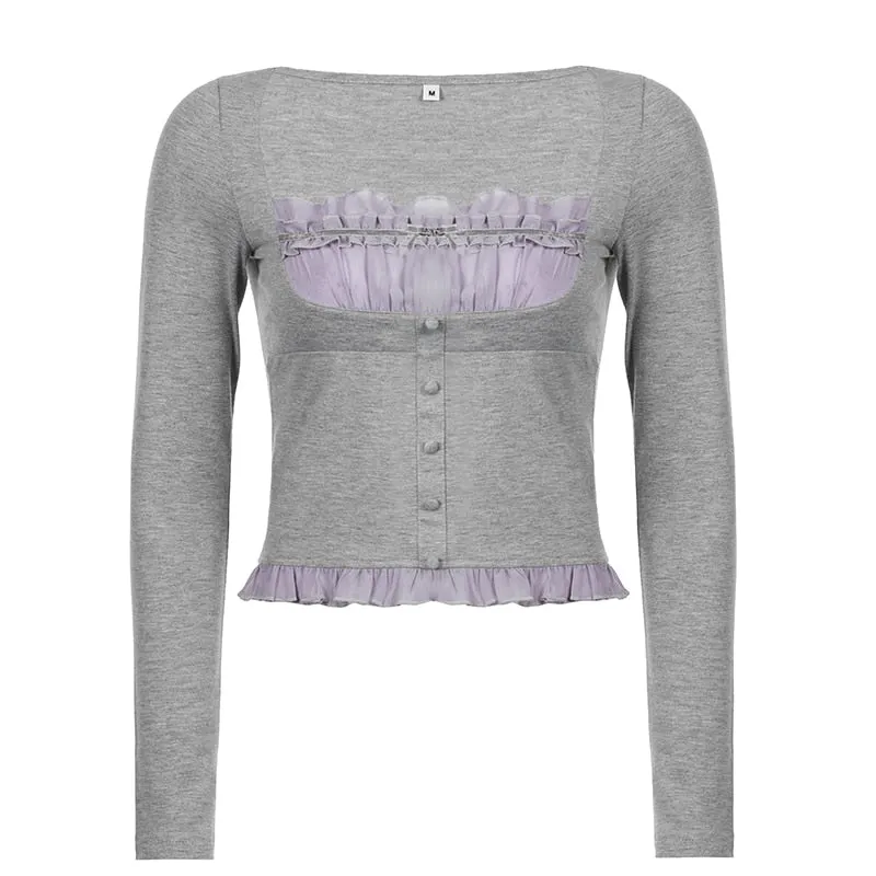 Rapcopter Y2K Sweet Cute Crop Top Lace Frill Bow Pullovers Vintage Square Collar T Shirt Women Skin Button Prepply Korean Tees