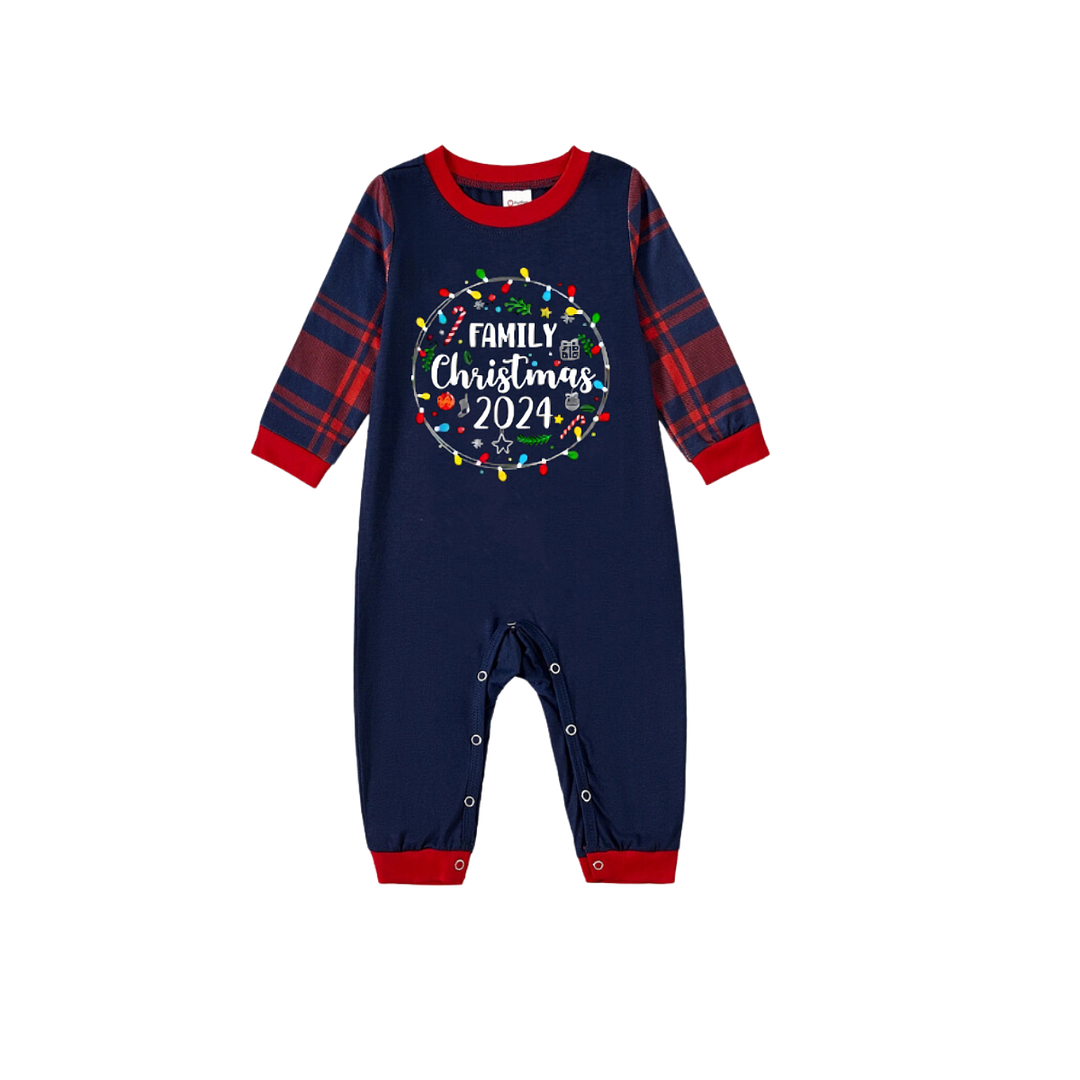 Christmas Light and "Family Christmas 2024" Printed Red and Blue Plaid Christmas Matching Pajamas