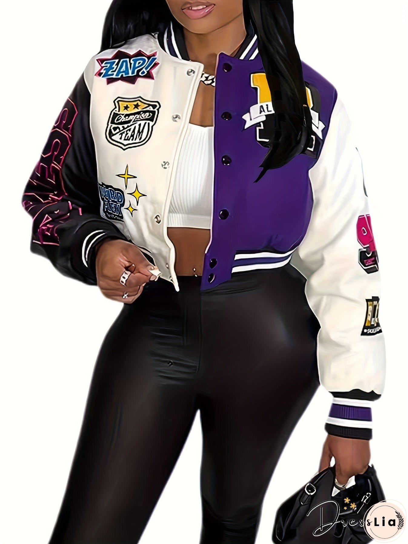 Casual Varsity Stylish Letter Print Button Front Jacket