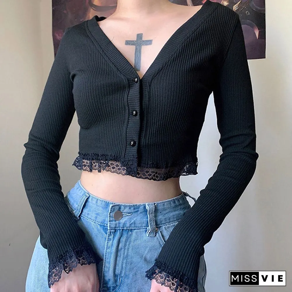 V-neck Long Sleeve Cardigan Lace Crop Top