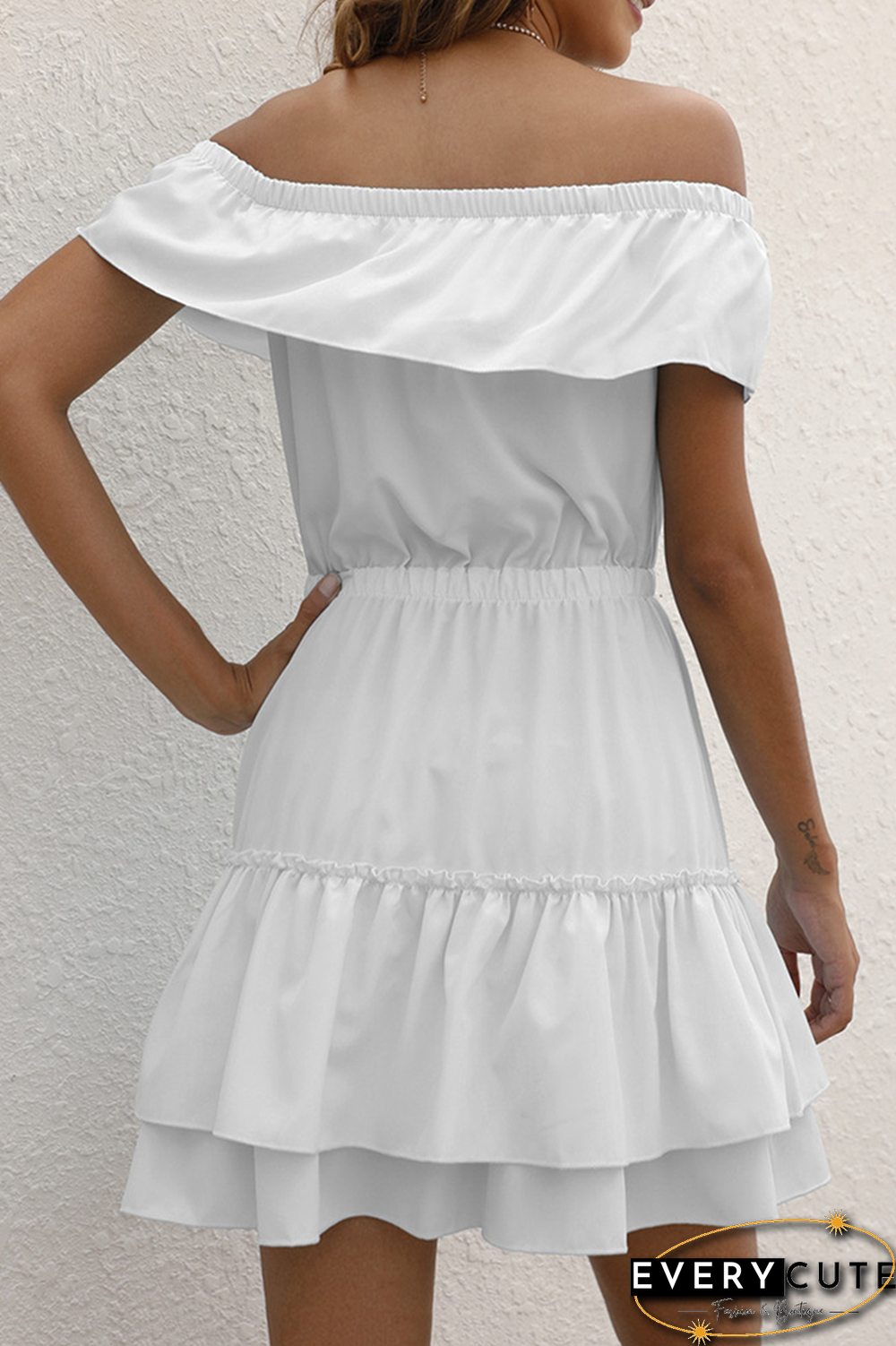 Casual Solid Split Joint Flounce Off the Shoulder Waist Skirt Dresses