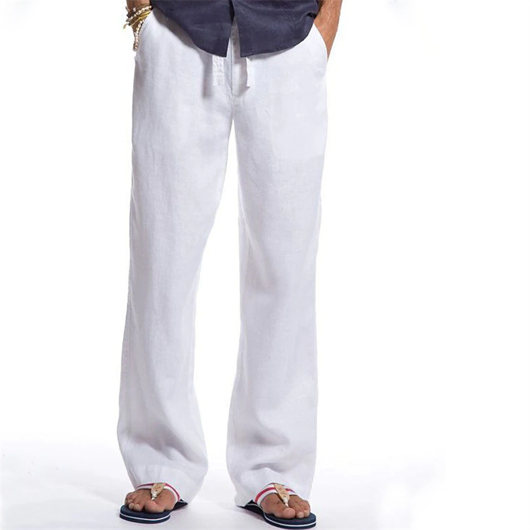 Men'S Solid Color Casual Cotton And Linen Drawstring Trousers  artssus