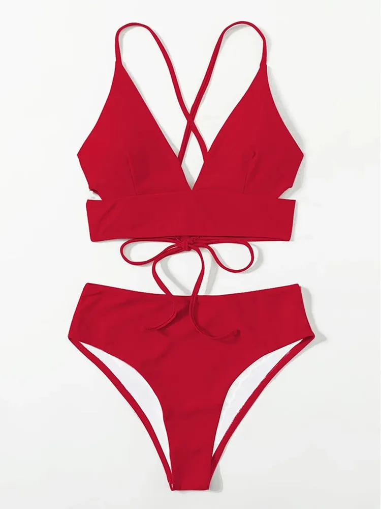 INGAGA High Waist Bikini Sexy V-neck Swimwear Women Lace Up Swimsuits 2022 New Solid Biquinis Set High Cut Bathing Suits Women