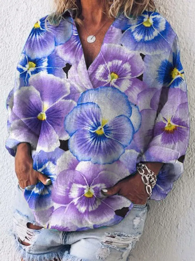 Women's Cotton And Linen Purple Floral V-Neck Top