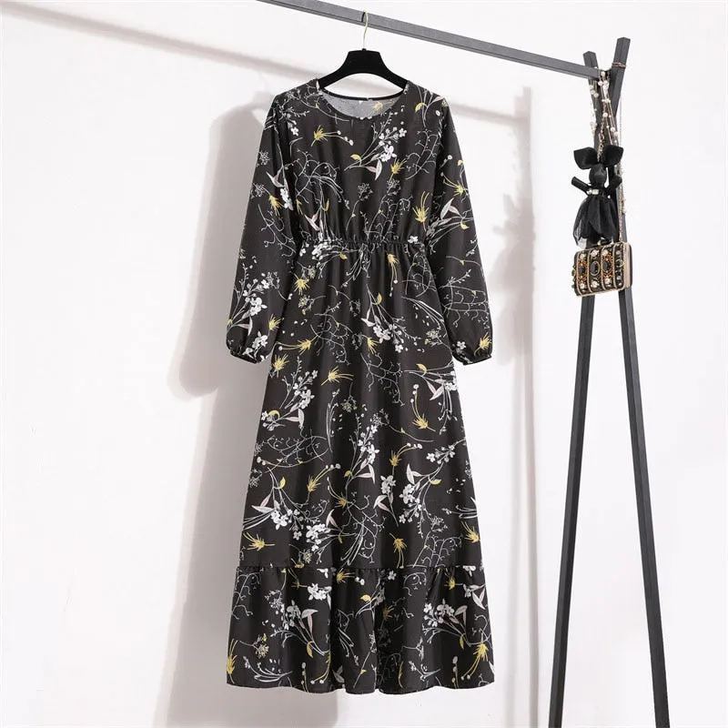 Floral Print Long Dress Women Lantern Long Sleeve High Waist Elegant Party Dress Ladies Casual Spring Summer Beach Maxi Dress