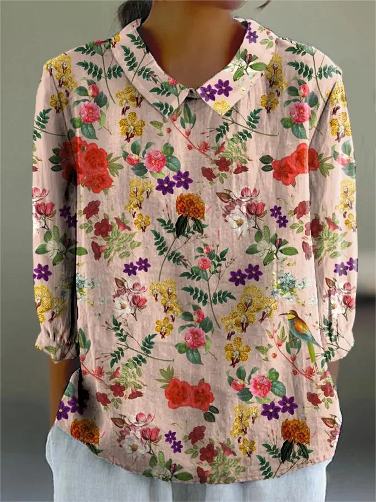 Women's Vintage Floral Pattern Art Print Casual Cotton And Linen 3/4 Sleeve Shirt
