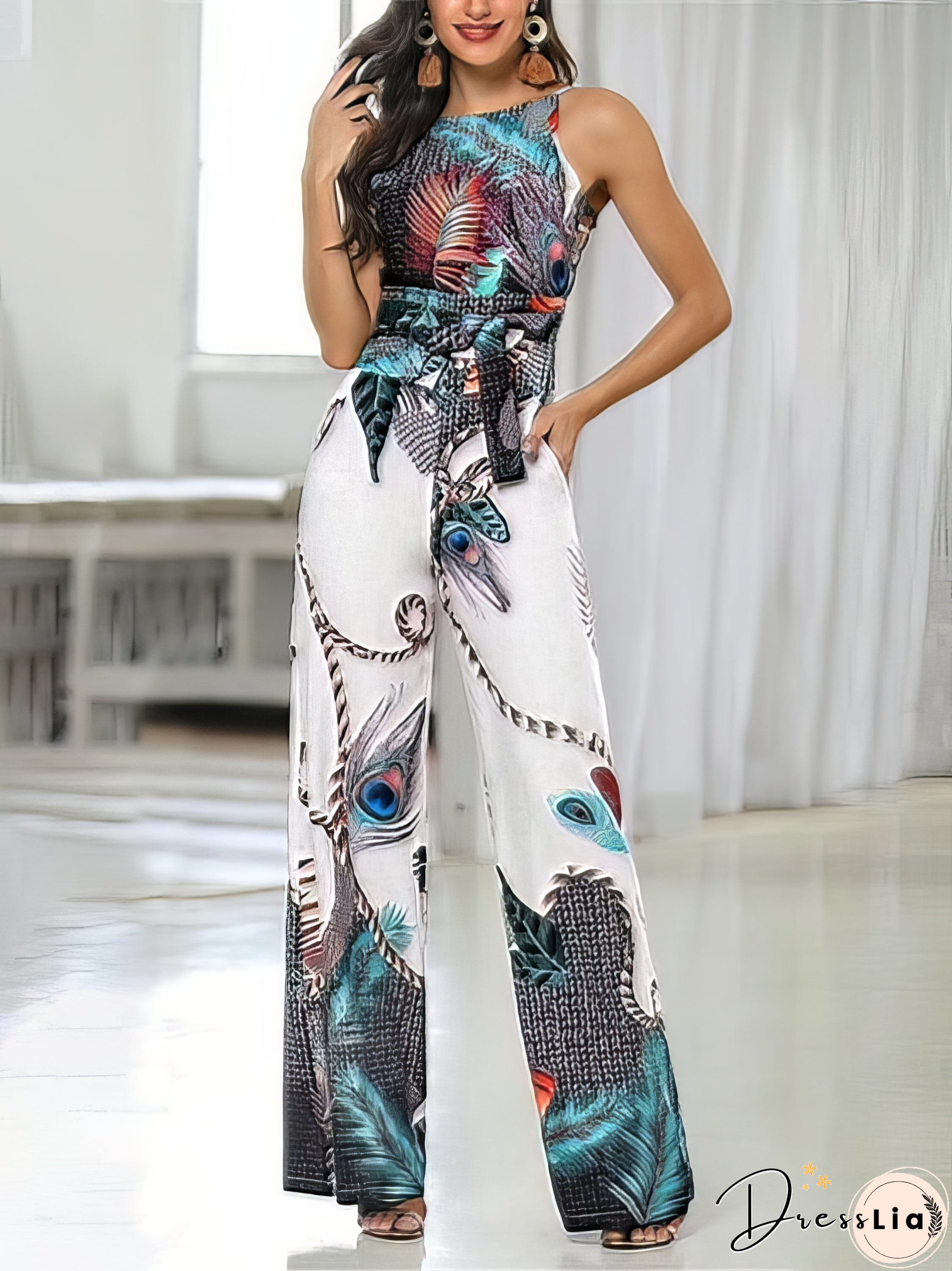 Feather Print Sling Jumpsuit