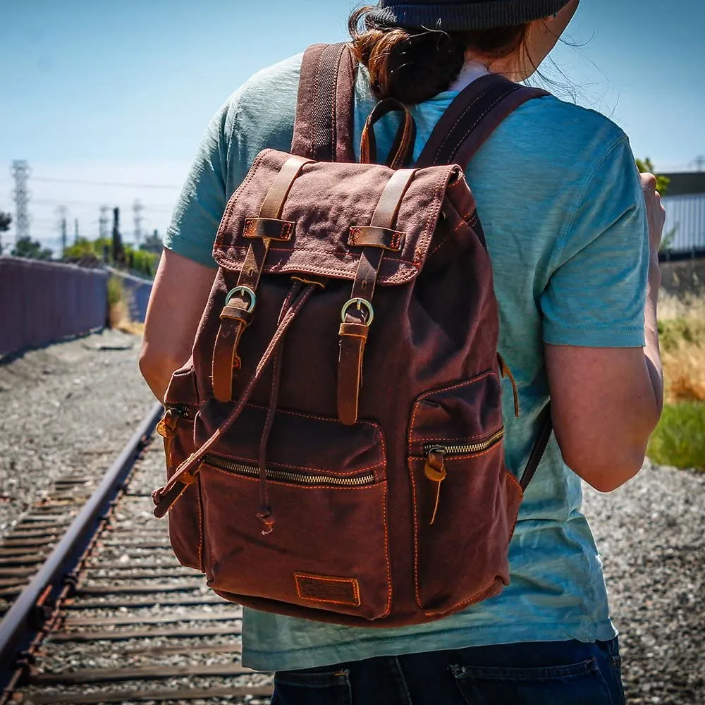 Vintage Canvas Backpack for Men Leather Rucksack Knapsack 15 inch Laptop Tote Satchel School Military Army Shoulder Rucksack Hiking Bag