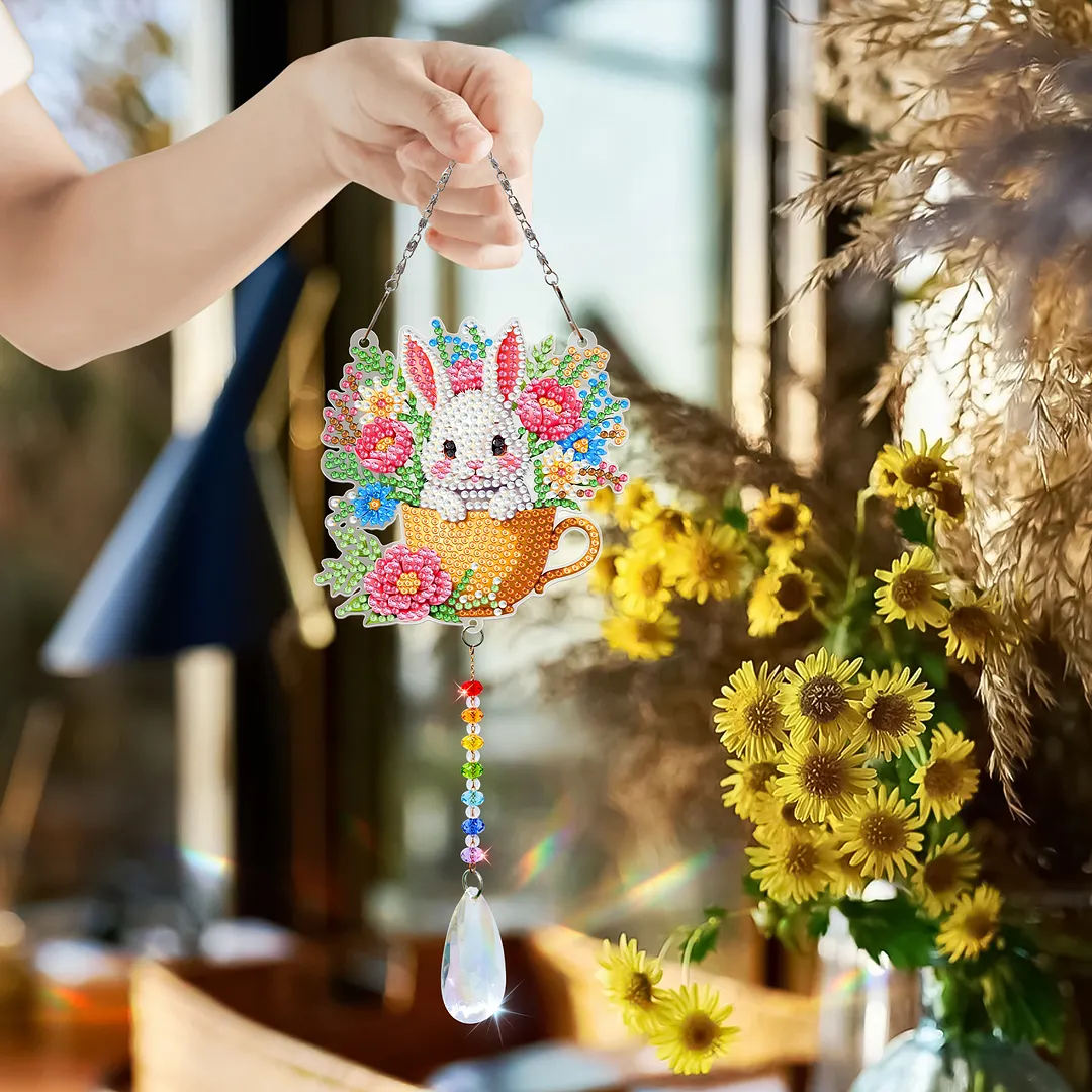 2Pcs Teacup Rabbit DIY Double-Sided Diamond Painting Hanging Kits Diamond Painting Suncatcher Craft Kit for Home Garden Wall Decor Gift