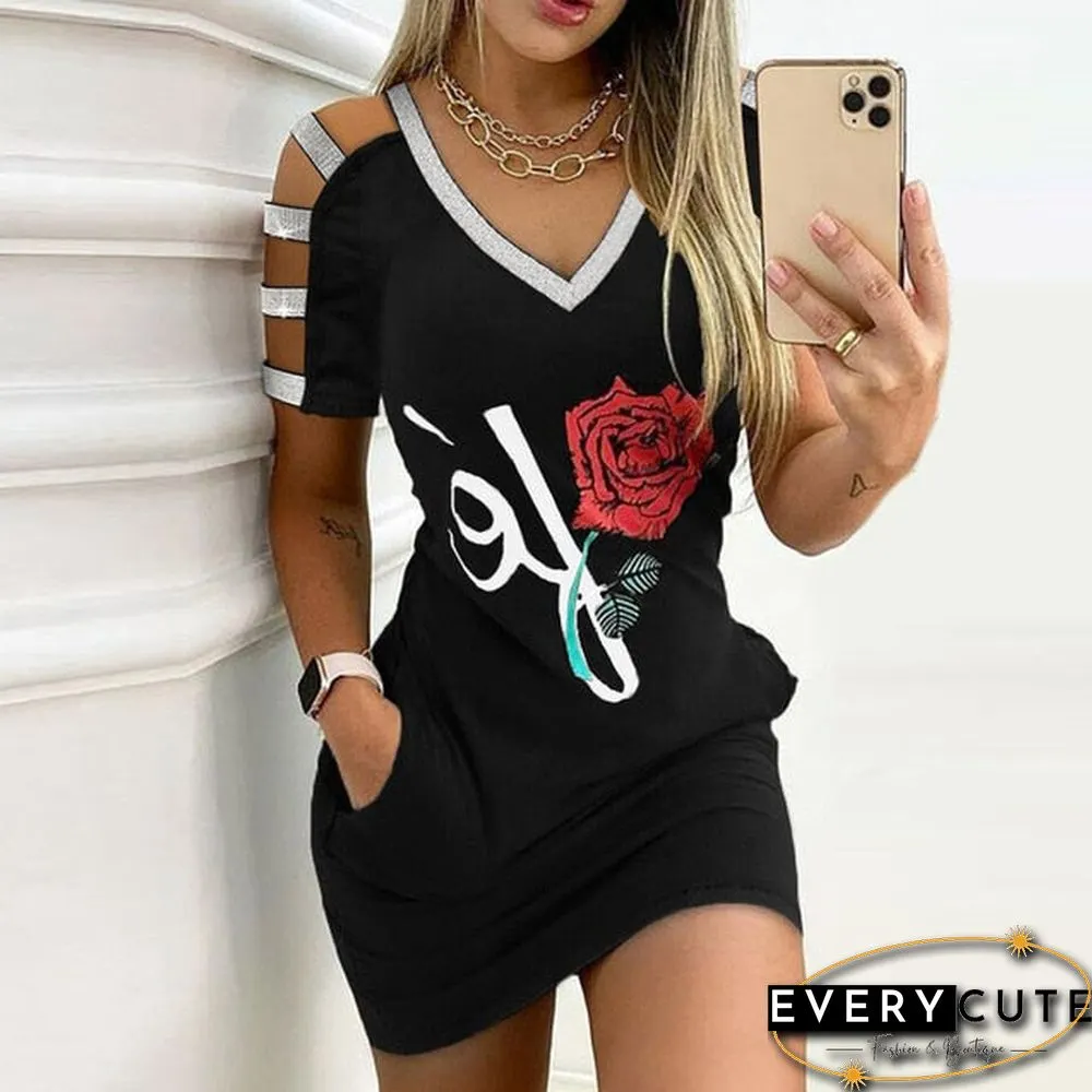Elegant Rose Print Pocket Mini Dress Women Summer Casual O-Neck Short Sleeve Party Dress Lady Sexy Hollow Out Dress Vestido