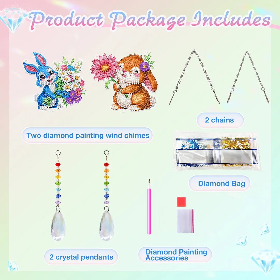 2Pcs Flower Rabbit DIY Double-Sided Diamond Painting Hanging Kits Diamond Painting Suncatcher Craft Kit for Home Garden Wall Decor Gift