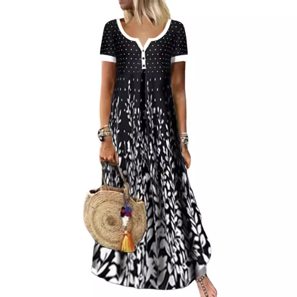 Churchf Churchf And Summer New Temperament Dress Cotton Positioning Printing V-Neck Short Sleeve Large-Size Dress