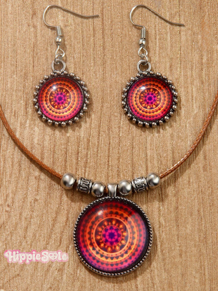 Groovy Ethnic Style Necklace And Earrings Set Red / Onesize