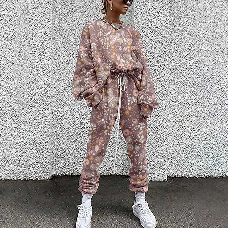 Women Tracksuit Two Piece Pullovers Cloting Long Sleeve Tie-dye Print Female Tops And Elastic Waist Pants Slim Casual Streetwear