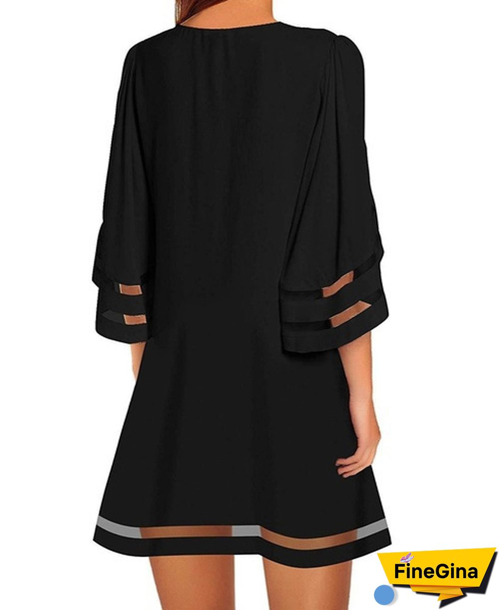 NEW summer Womens Short Sleeves Round Neck Flared Sleeves Casual Dresses Solid Color Patchwork Hollow-out Loose Mini Dresses Short Dresses Plus Size