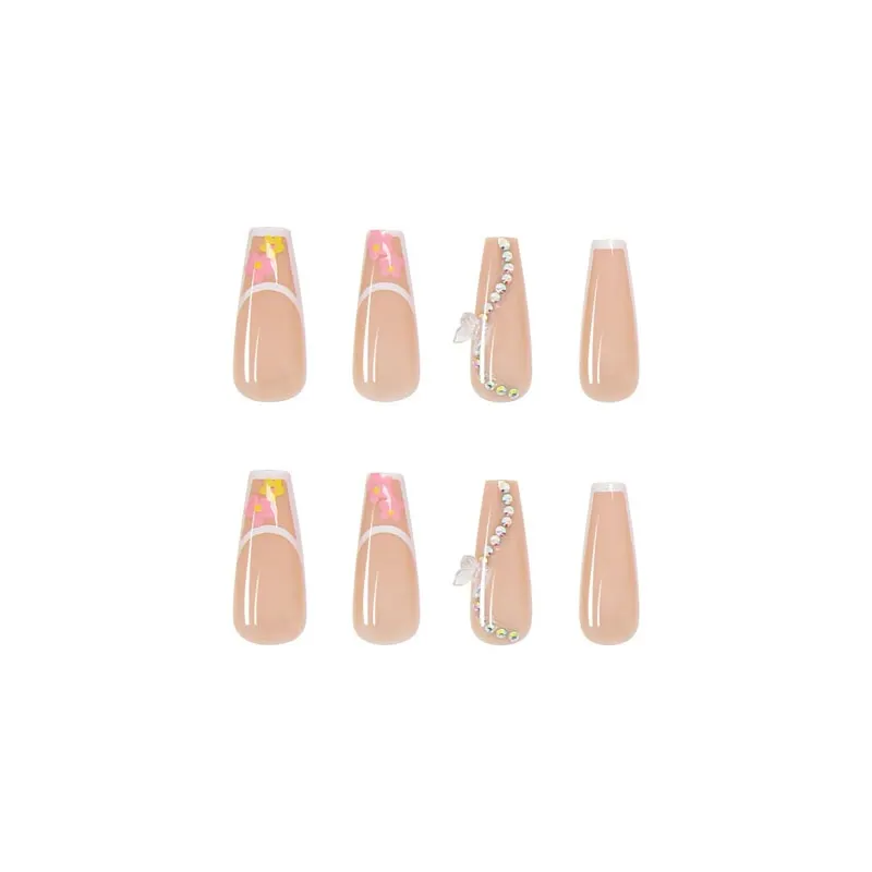 24pcs Nude Coffin Fake Nails European Long Pink Flower False Nails Acrylic Detachable Butterfly Bride Ballerina Nail Art Tips-Nail Inspo