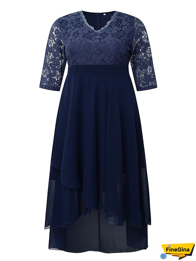 Plus Size Holiday Dress Solid Color V Neck Layered 3/4 Length Sleeve Spring Fall Formal Midi Dress Party Date Dress for Women
