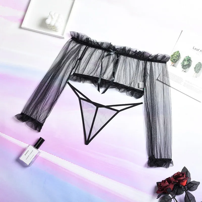 Ellolace Off Shoulder Sensual Lingerie Ruffled Transparent Exotic Costumes Long Sleeve Lace Hot Sexy Sissy Top Thong Breves Sets 530