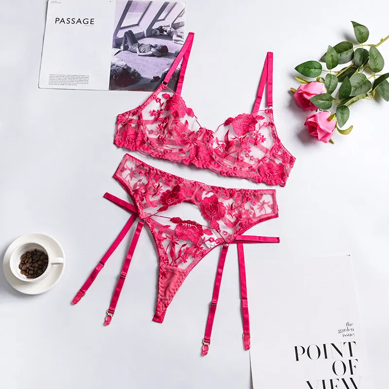 Billionm Lace Lingerie Set 3 Pieces Push Up Bra with Bone Panties Sensual Women's Underwear Floral Embroidery Erotic Costumes Femme Sex