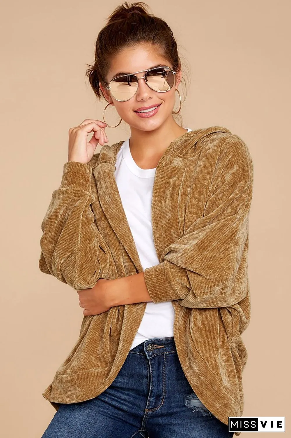 Thicken Plain Loose Velvet Coat With Hat
