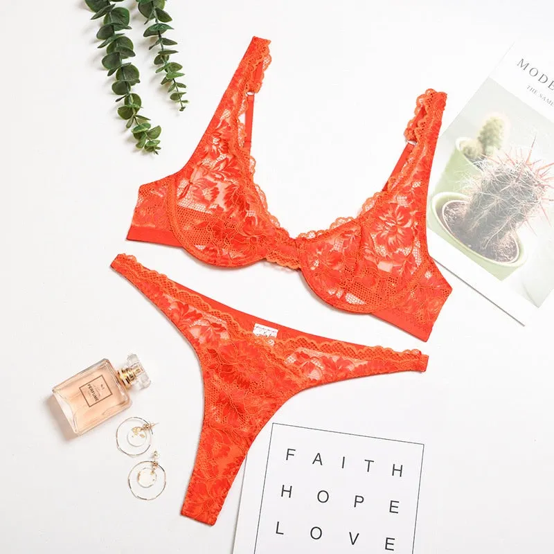 Yimunancy 2-Piece Lace Bra Set Women Bra Underwire + Panty 2021 Summer Lingerie Set  Ladies Sexy Underwear Set