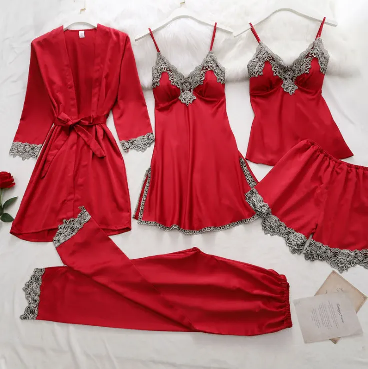 Churchf Simulation Silk Pajamas Lingerie Five-Piece Set Slings Sexy Lady Bathrobe Home Clothes Pajamas