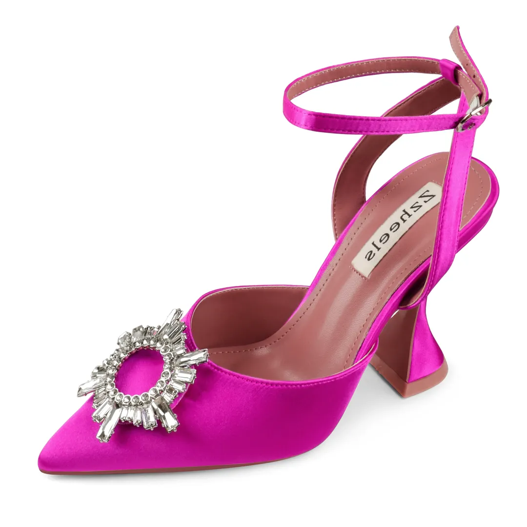 Zzheels Women's High Heel Crystal Slingback Pumps Pointed Toe Strappy Sandals for Party Dating