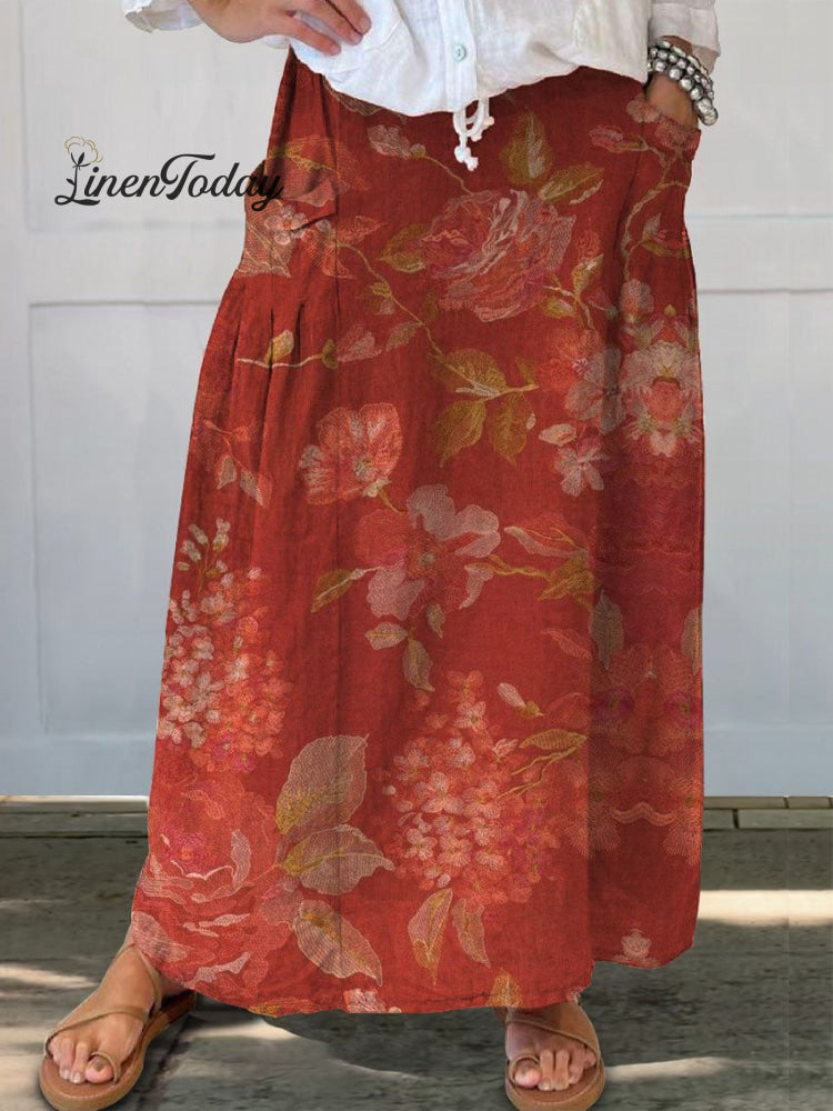 Women&rsquo;s Retro Floral Art Print Linen Pocket Skirt Red / S