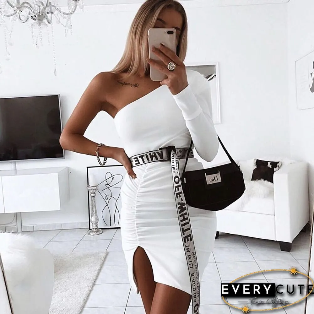 Irregular One Shoulder Bodycon Tight Ruched Dress