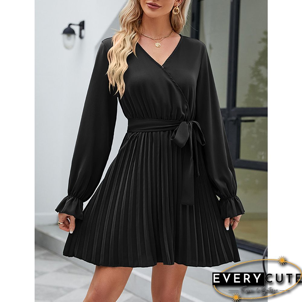 Black V Neck Long Sleeve Pleated Mini Dress with Belt