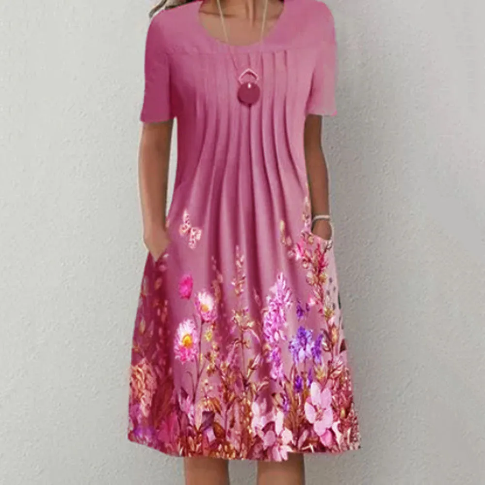 Brownm Floral Print Round Neck Pocket Mid-length Dresses