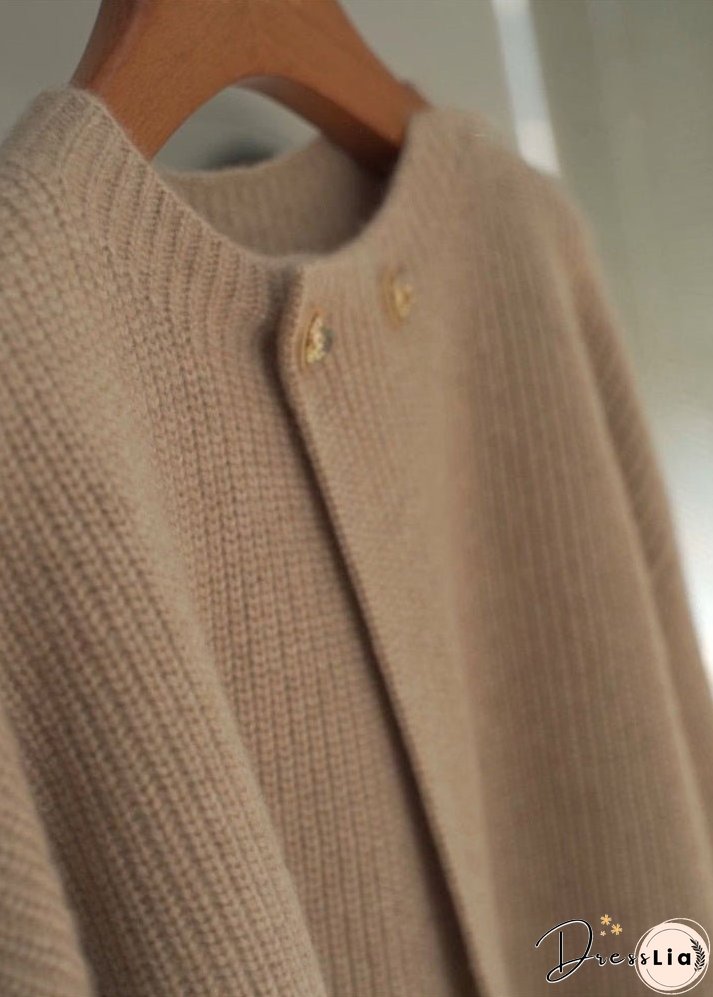 Loose Khaki O Neck Button Patchwork Cotton Knit Tops Fall