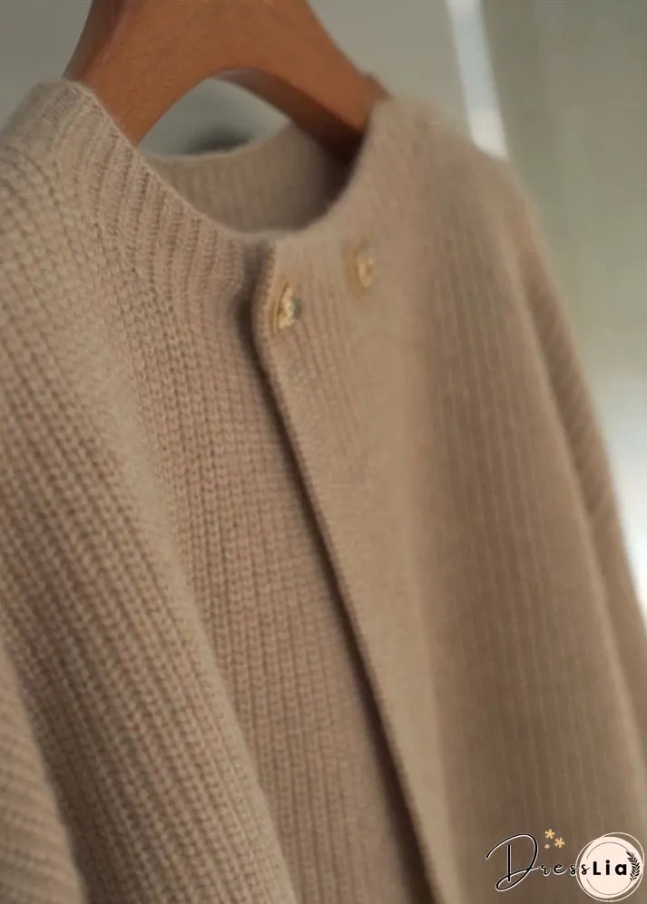 Loose Khaki O Neck Button Patchwork Cotton Knit Tops Fall