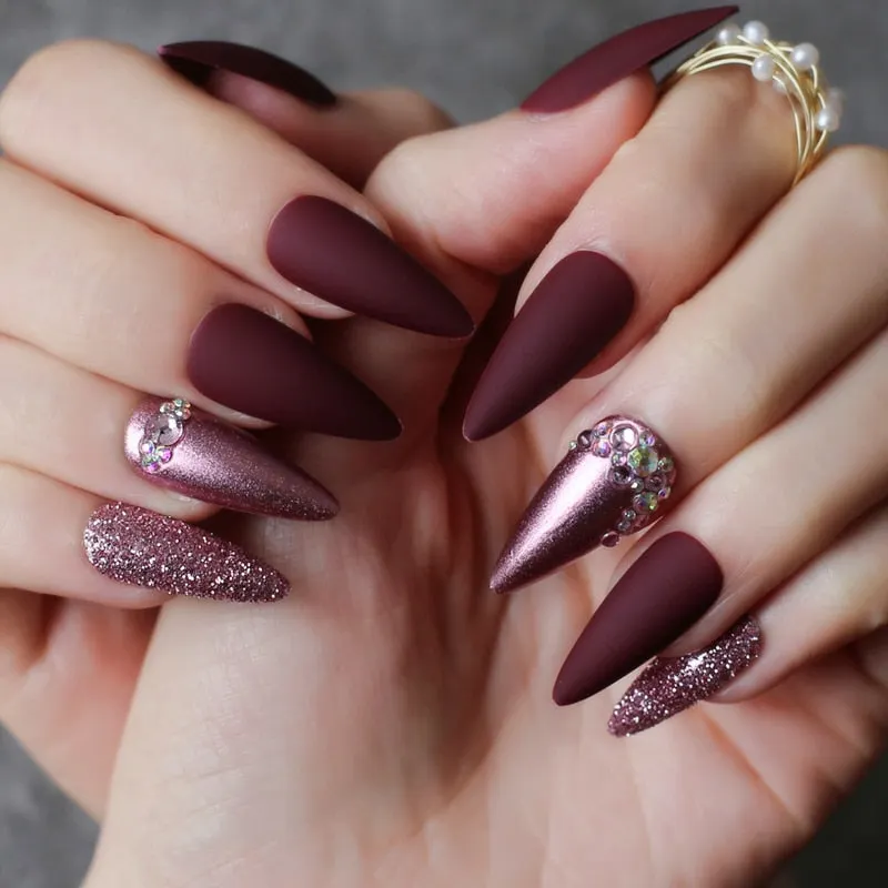 Green UV Stiletto Shiny Silver glitter crystal diamond false nails medium almond art White salon glossy fake nails-Nail Inspo
