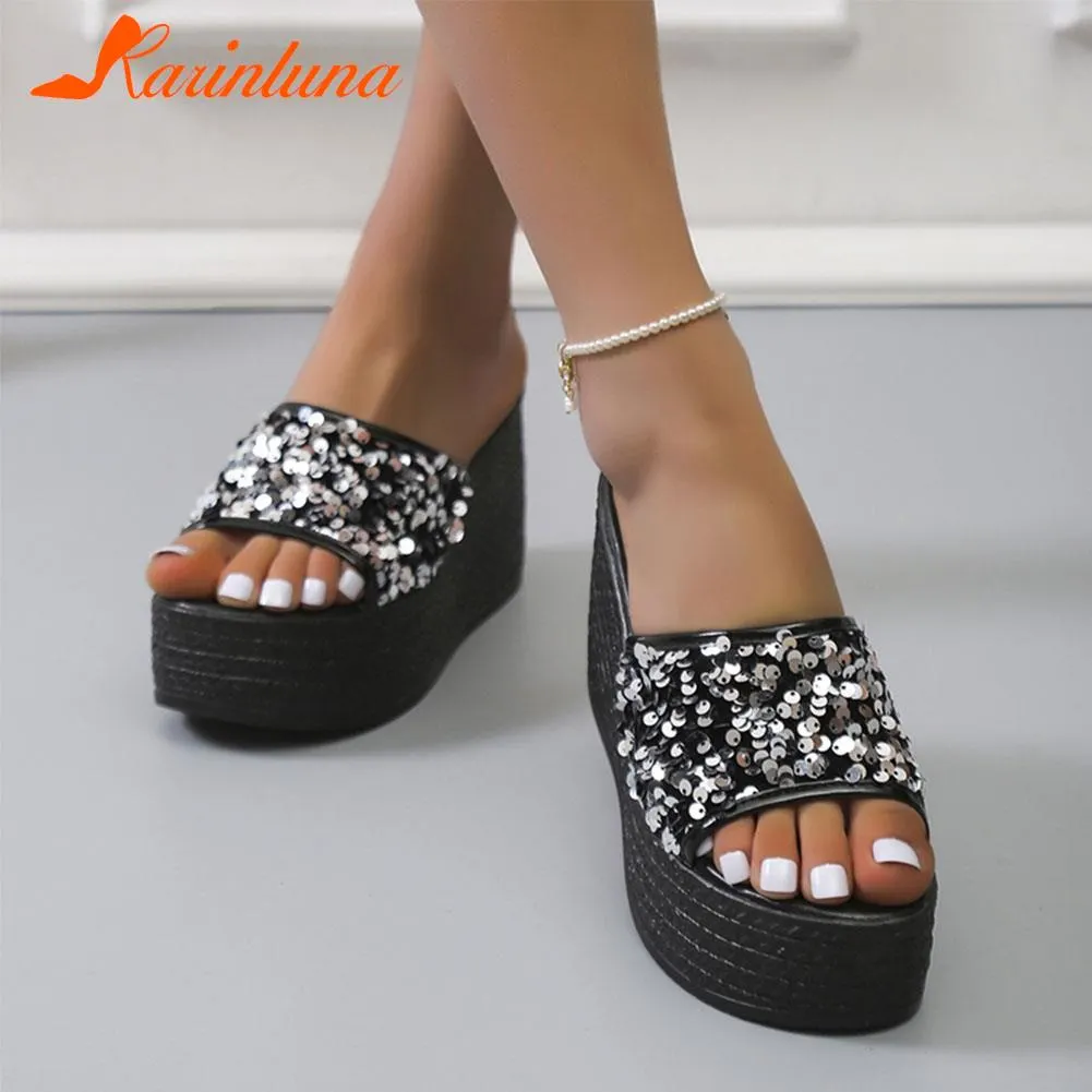 Breakj Wedge High Heeled Women Sandals New Arrived 2023 Bling Sequin Lady Slipper Peep Toe Comfort Walk Causal Sandals Plus Size