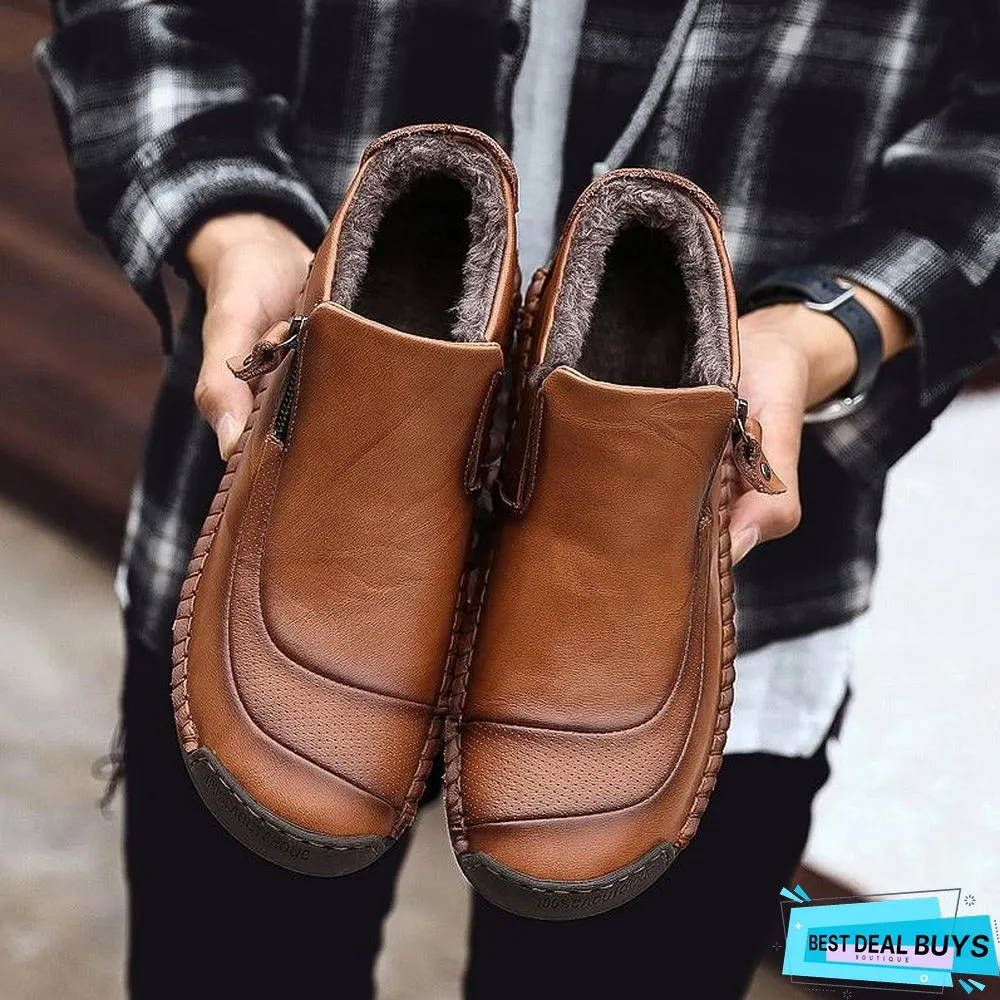 Men Boots Split Leather Ankle Snow Boots Warm Fur Men's Shoes Plush Winter Autumn Driving Shoes